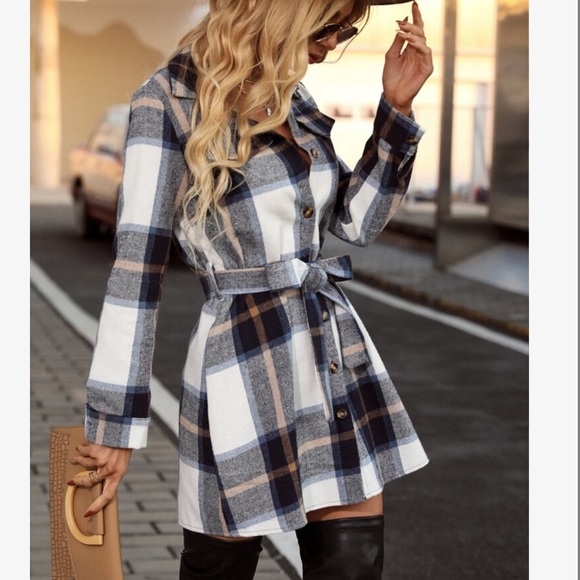 Cozy Button Up Plaid Belted Shirt Dress - Picture 5 of 6